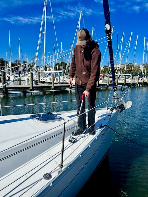 Surveyor examining a boat's systems